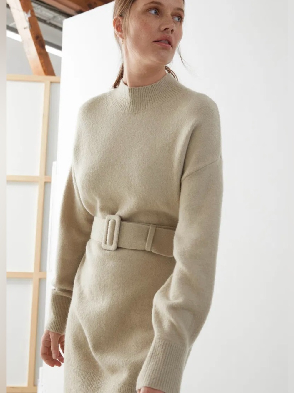 NWT & Other Stories Belted Knit Mini Dress Beige Size L